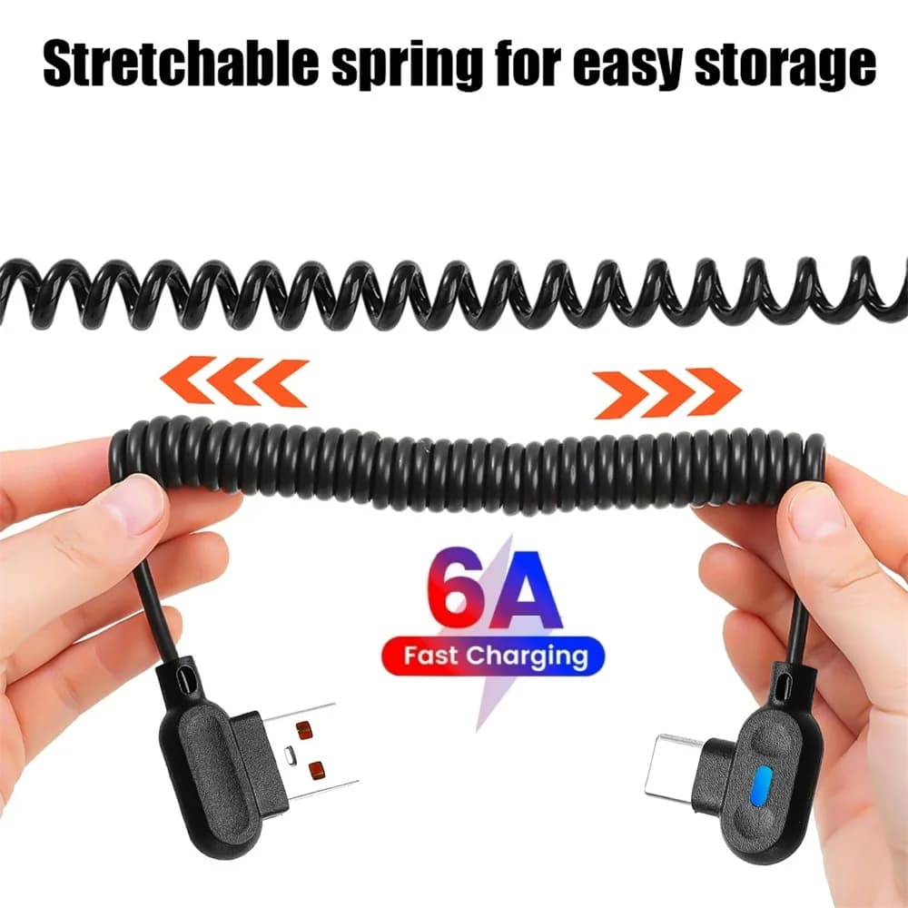 90 ° Cavo dati a molla di ricarica rapida USB tipo C a gomito angolare Cavo dati retrattile a spirale a spirale Ricarica rapida per Huawei Samsung