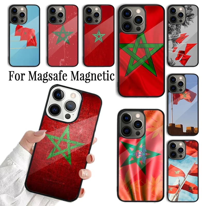 Cover per iPhone con Bandiera e Stemma del Marocco per iPhone 17 AIR 16 15 14 13 12 11 Pro Max Plus, Compatibile con Ricarica Wireless Magnetica Magsafe