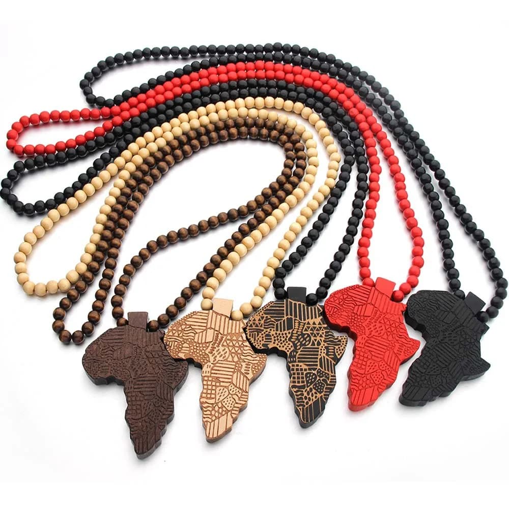 Africa Map Engraved Pendant Necklace 5 Colors Wooden Round Beads String Chains Charms Men Women Fashion Hip Hop Jewelry Gift