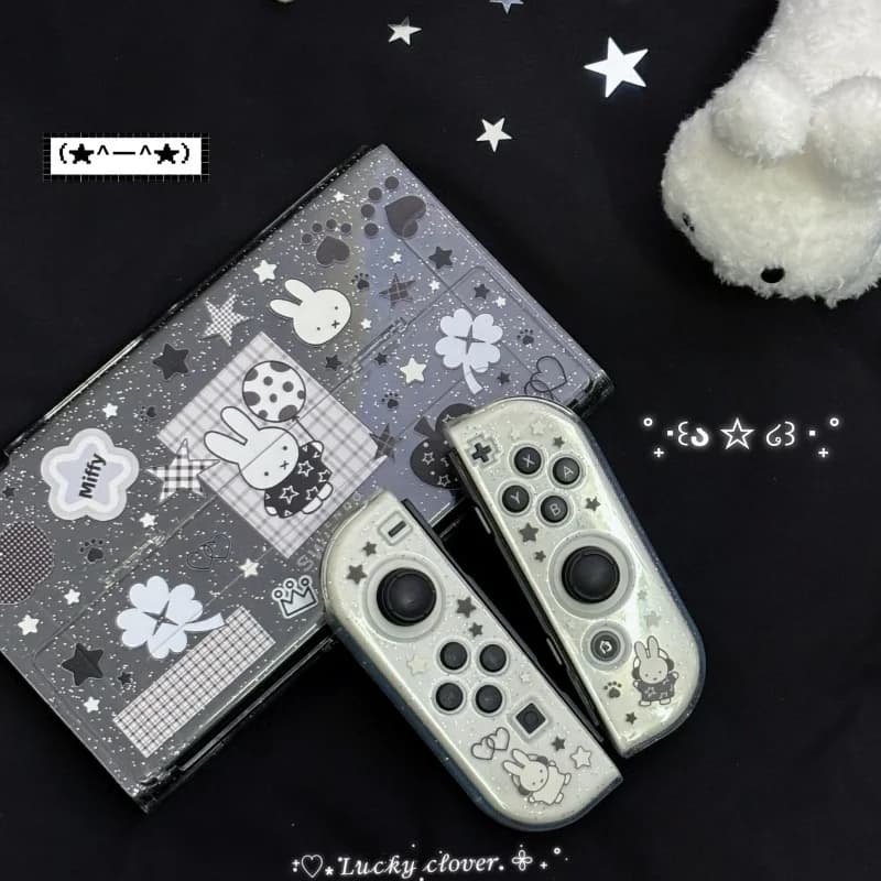 Nuova Custodia Protettiva Originale Miffy per Nintendo Switch OLED NS2 Lite con Impugnatura Glitterata Trasparente Nera Bianca - Idea Regalo
