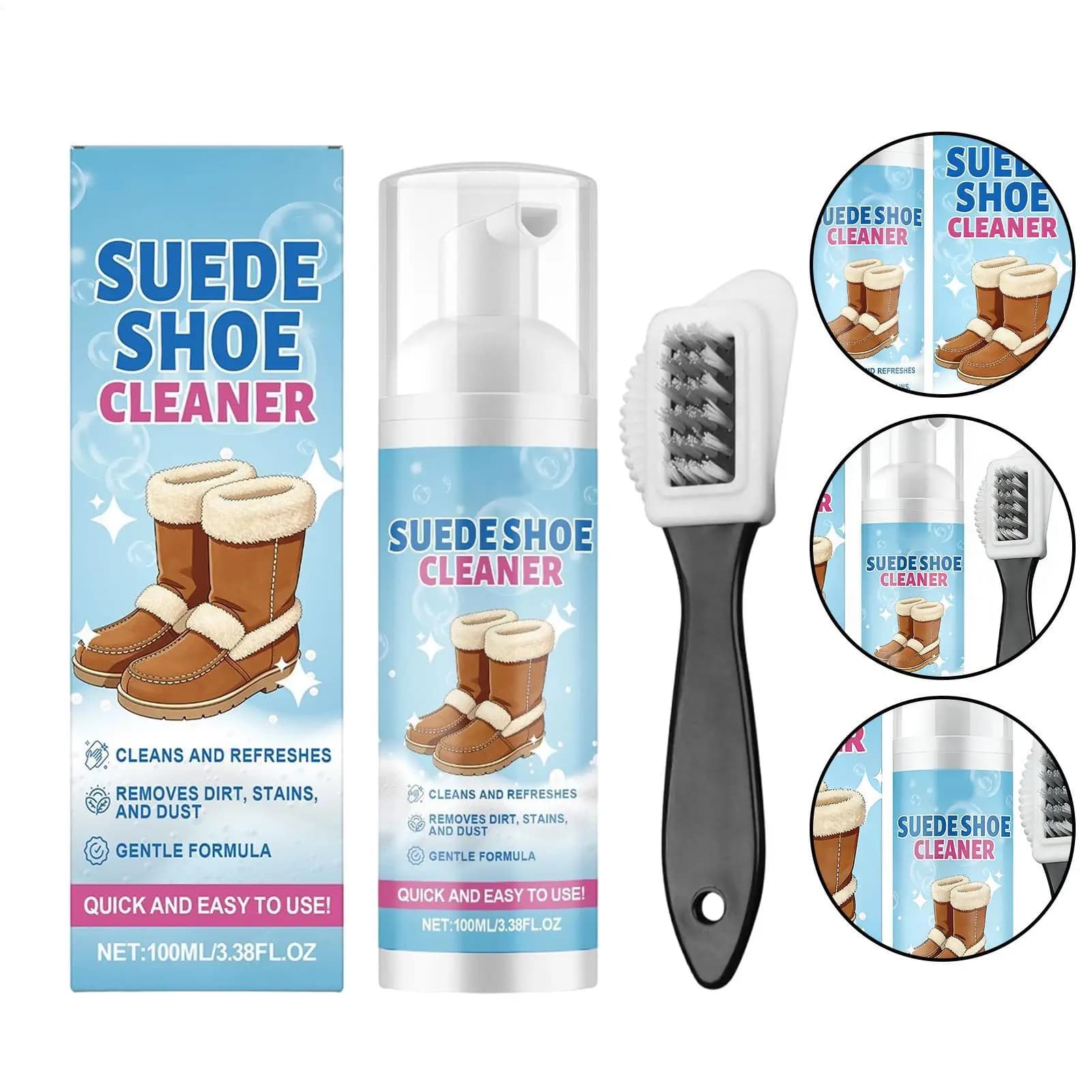 Kit per la Pulizia delle Scarpe, Spray Smacchiatore 100ml con Spazzola, Detergente per Sneaker, per Calzature in Pelle, Tessuto, Tela, Stivali e Pantofole