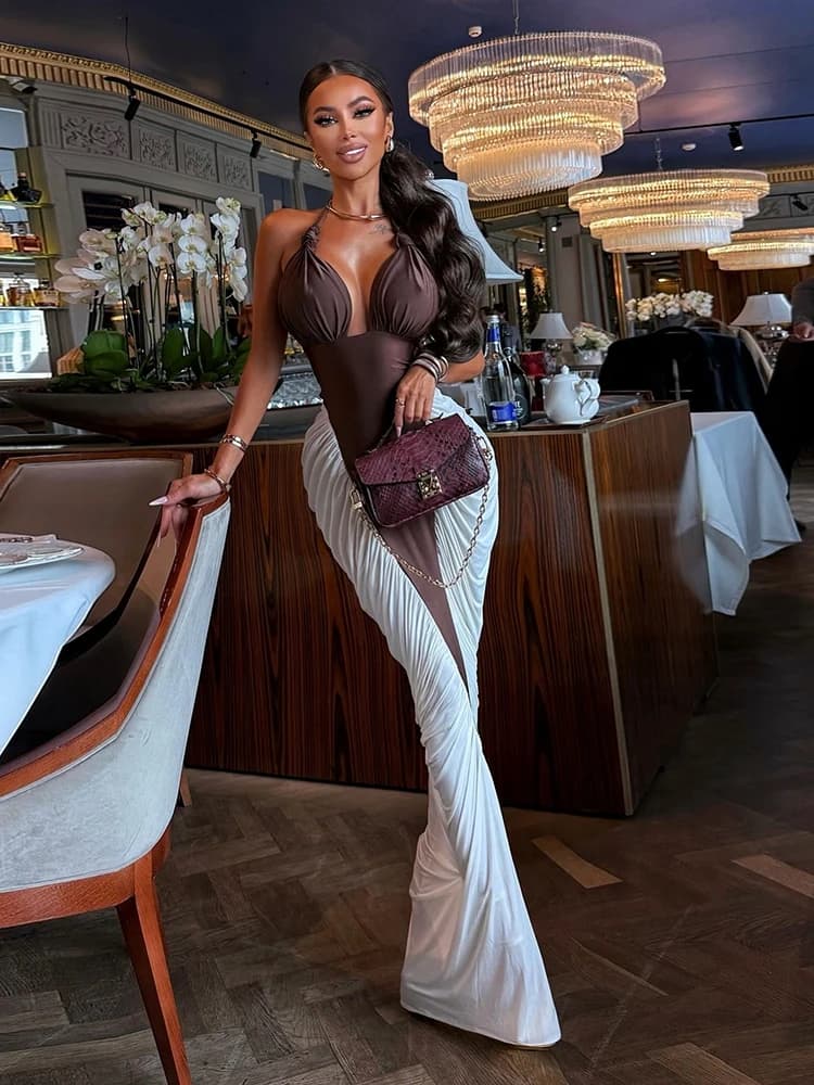 Kliou Increspato Elegante Abito Lungo Donna Halter Low-Collo Backless Contrasto Patchwork Robe Banchetto di Mezzanotte Partito Abiti Classici