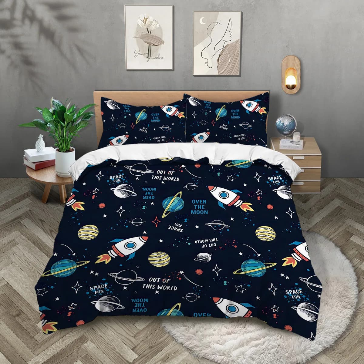 Set copripiumino Cartoon Universe 3 pezzi con stelle Tema spaziale a razzo Copripiumino per bambini per ragazzi Set biancheria da letto Galaxy