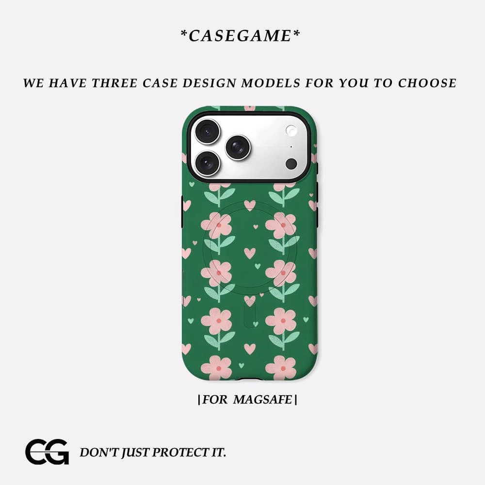Casegame Matte Bumper for Magsafe Case for IPhone 17 16 15 14 Plus 13 Pro Max Shockproof Hard PC Green Pink Floral Hearts Cover