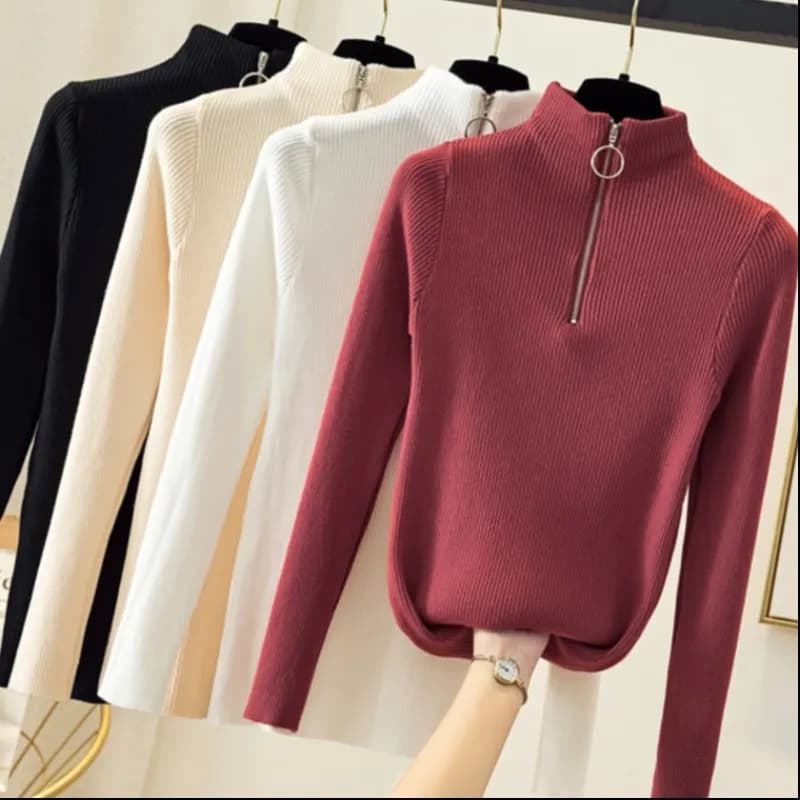 Maglione da donna in maglia con cerniera a collo alto, pullover slim tinta unita, collezione Autunno Inverno 2026