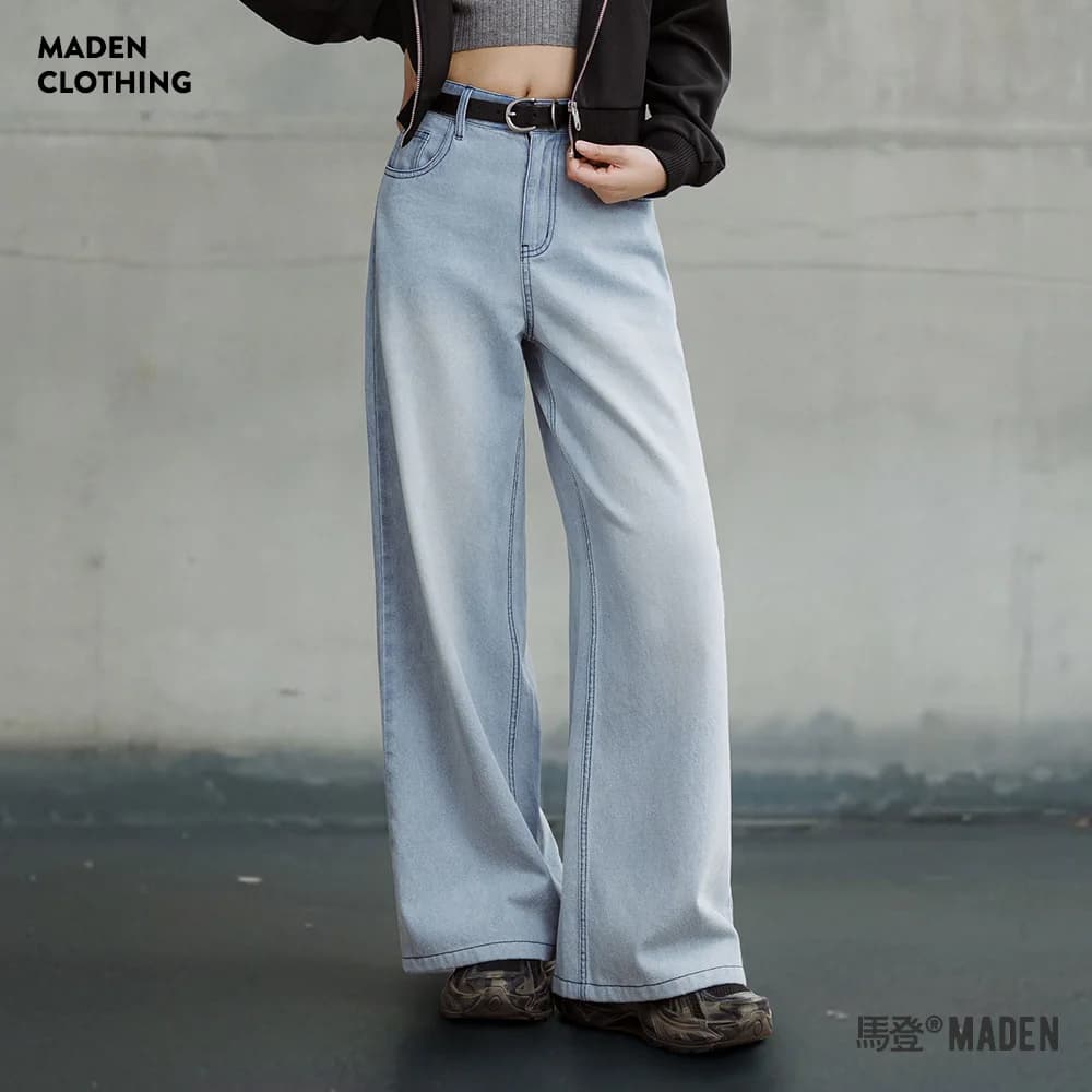 Maden Jeans a gamba larga blu lavati Vintage per donna pantaloni larghi larghi a gamba dritta da 10 once pantaloni leggeri traspiranti in cotone