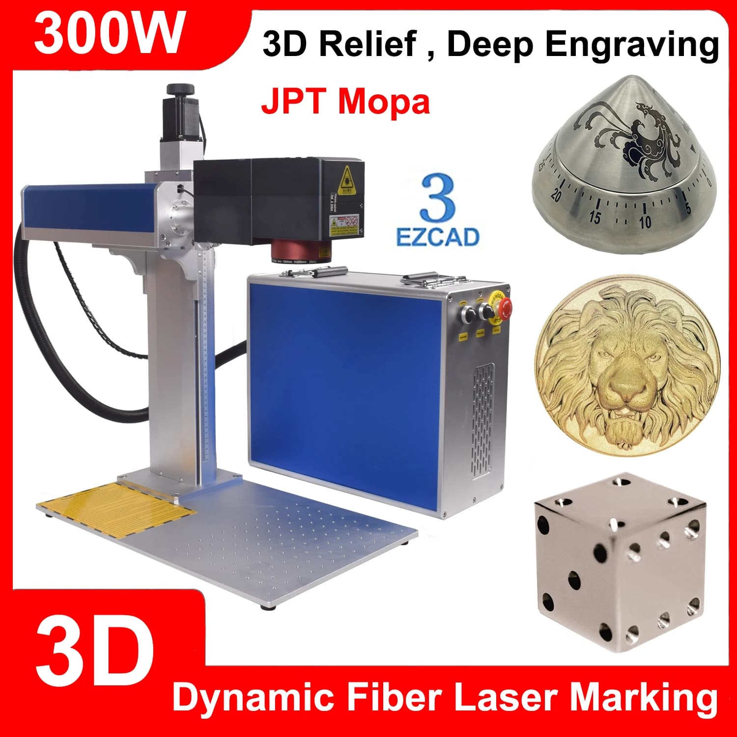 3D 300W JPT Mopa Dynamic Fiber Laser Marking Machine 3D Relief Deep Engraving Machine 3 Axis Laser Engraver for Metal Cutting