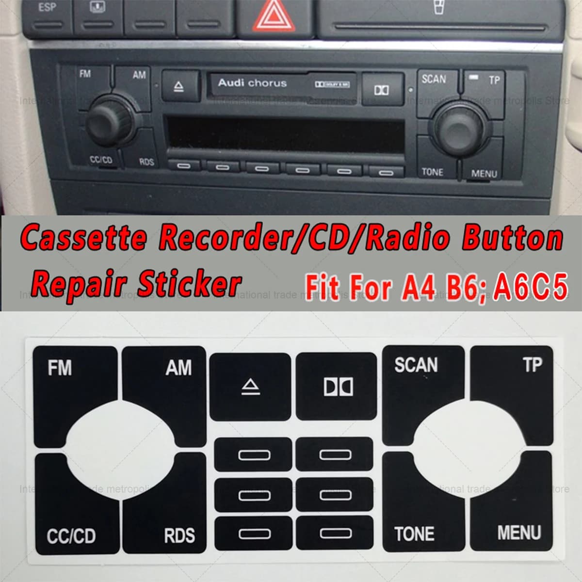 Un set di adesivi per decalcomanie per riparazione pulsanti audio adatti per Audi A4 B6, A6 C5 CD registratore a cassette radio