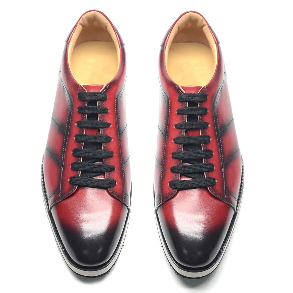 Sneakers Casual da Uomo in Vera Pelle, Scarpe Sociali Classiche con Lacci, Antiscivolo, Stile Derby, Scarpe da Skateboard Nere e Rosse