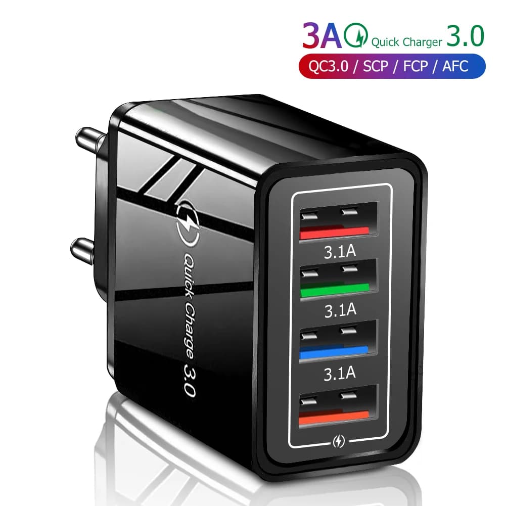 3A USB Charger Fast USB 4 Doors 3.0 Plug EU USA Phone Charger Wall Adapter Quick Charging Portable for iPhone 16 Pro