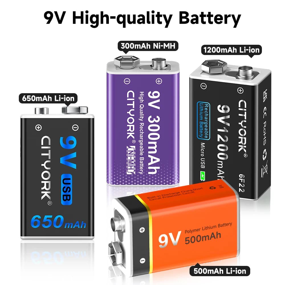 Batteria Ricaricabile agli Ioni di Litio 9V, 6F22 Ni-MH, Sostituzione Batteria Crown 9V per Multimetro, Microfono KTV, Rilevatore di Fumo