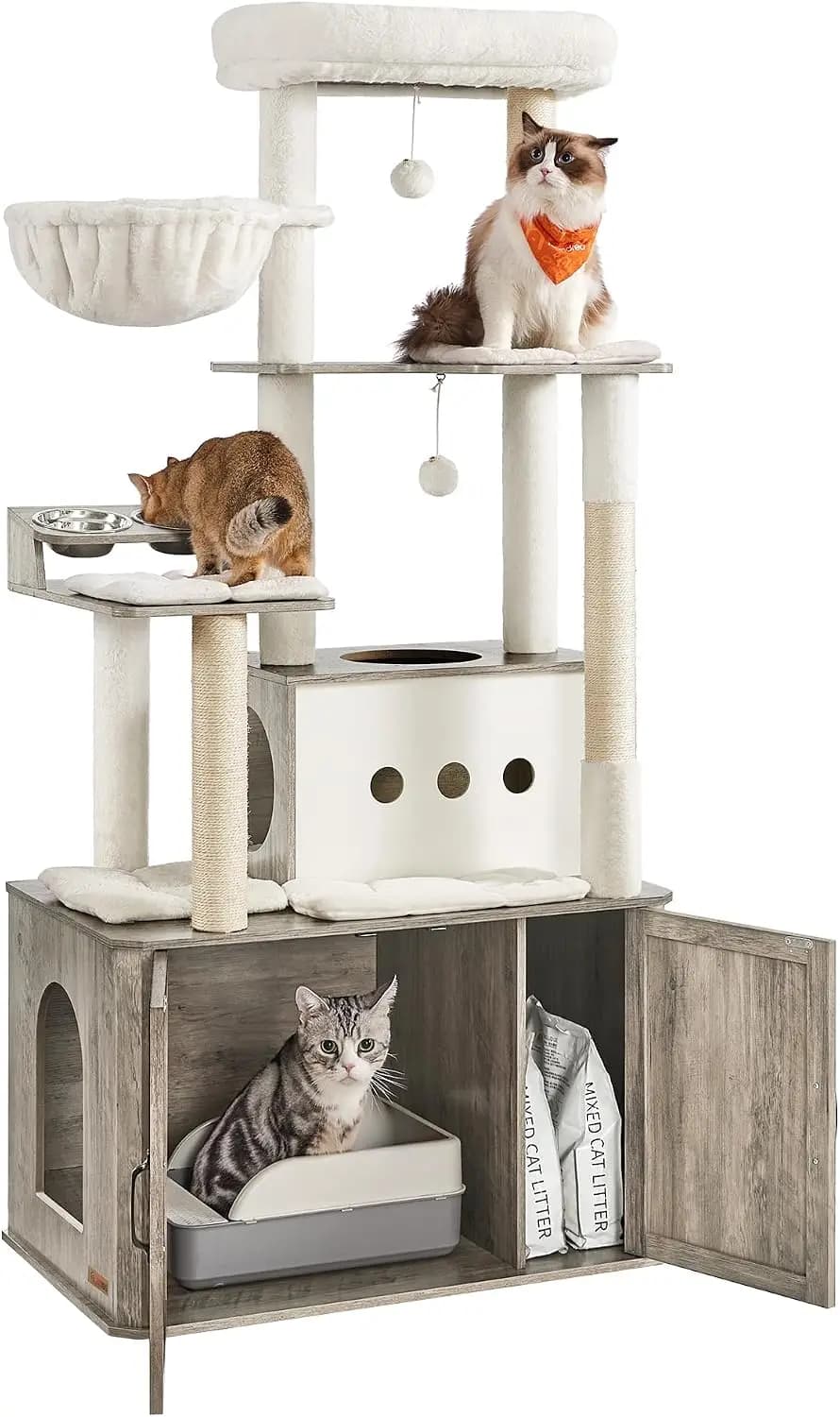 Feandrea Cat Tree, 66.9-Inch Cat Tower with Litter Box Enclosure, Large Condo with Food Station, Storage, Scratching Posts, Cave