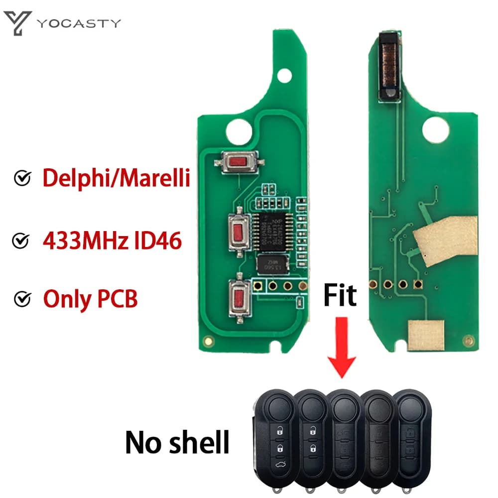 YOCASTY Chiave Auto Remota a 3 Pulsanti ID46 433MHz con PCB per Fiat Delphi 500 Panda Punto Bravo Marelli 500L Ducato e Citroen