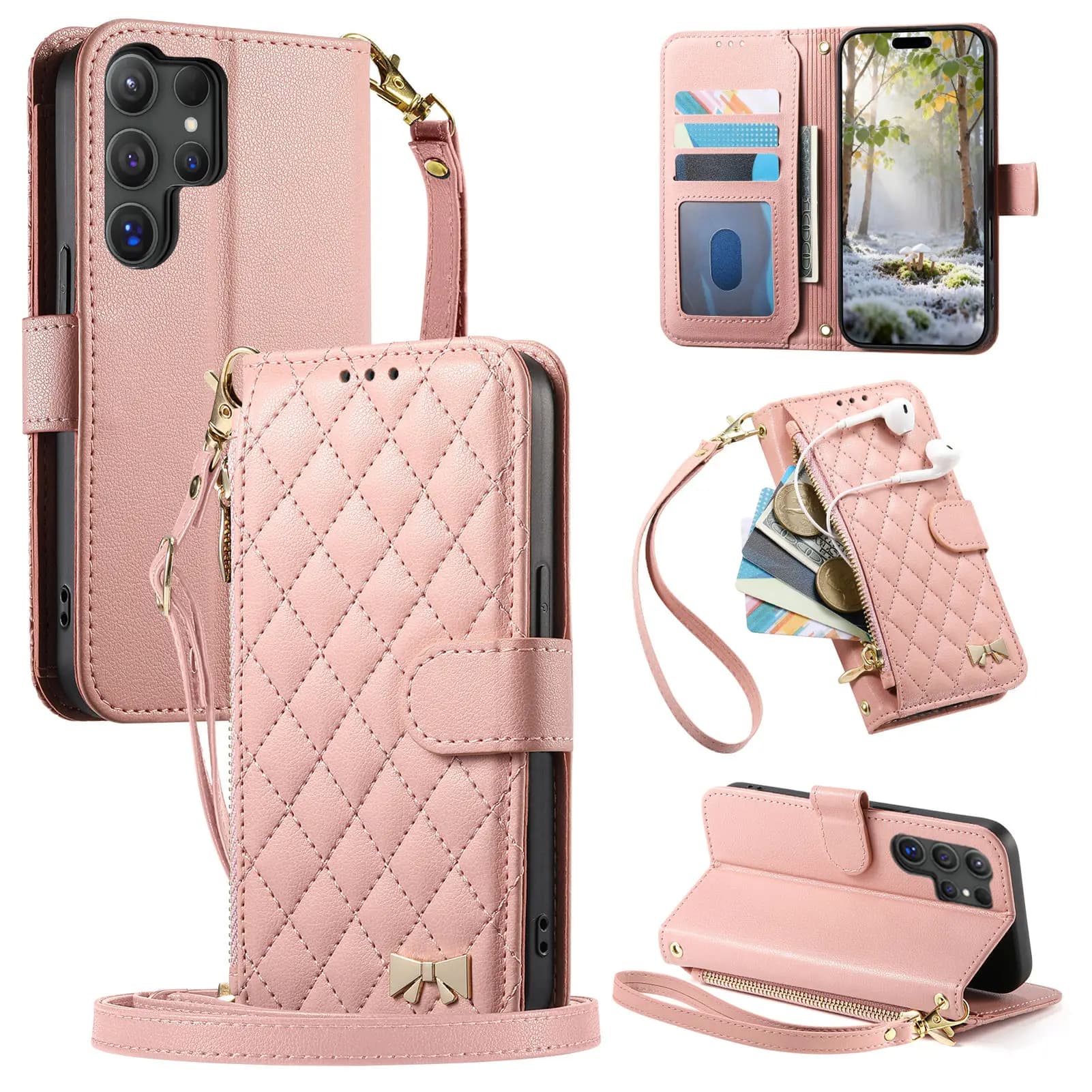 Carte con cerniera a tracolla Solt Portafoglio Custodia in pelle con vibrazione per Samsung S25 Ultra S24 Plus S23 A16 A06 A17 A07 Copertura con cordino lungo