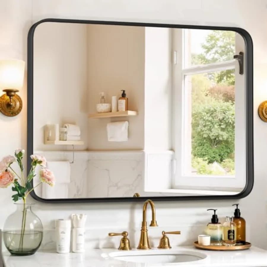 Specchio da Bagno 40x30 Pollici con Cornice in Metallo, Specchio Rettangolare con Angoli Arrotondati, Specchio Moderno da Parete Antiruggine per Stile Rustico