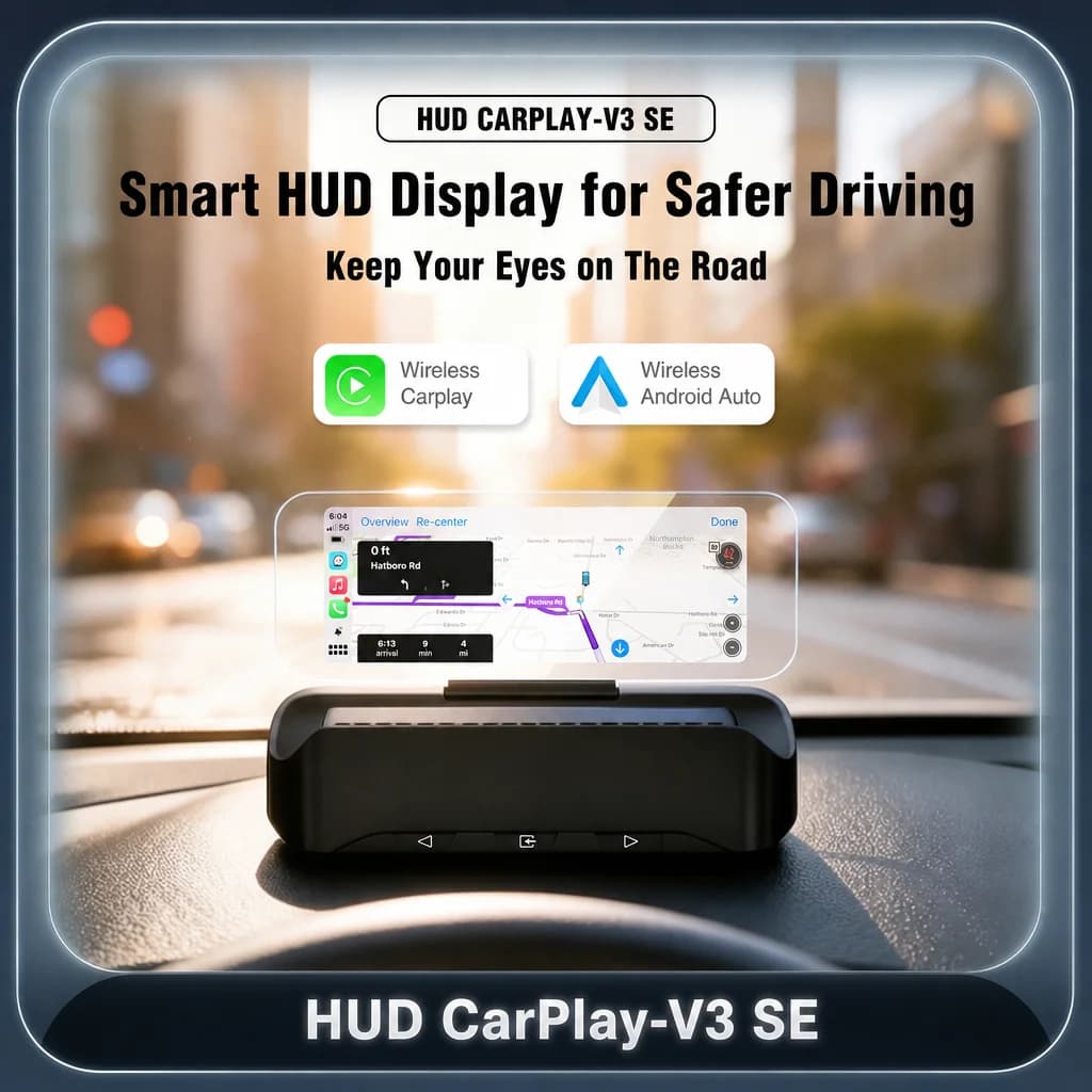 Wireless Car HUD with CarPlay, Multi-function Smart Projector, Plug-and-Play with Navigation, Music and Brightness Adjustment