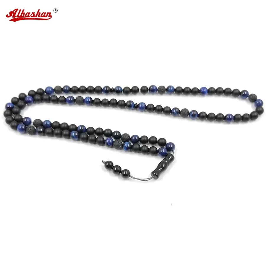Tasbih 99 perline da preghiera in agata smerigliata nera, pietra vulcanica e occhi di tigre blu bracciale islamico misbaha