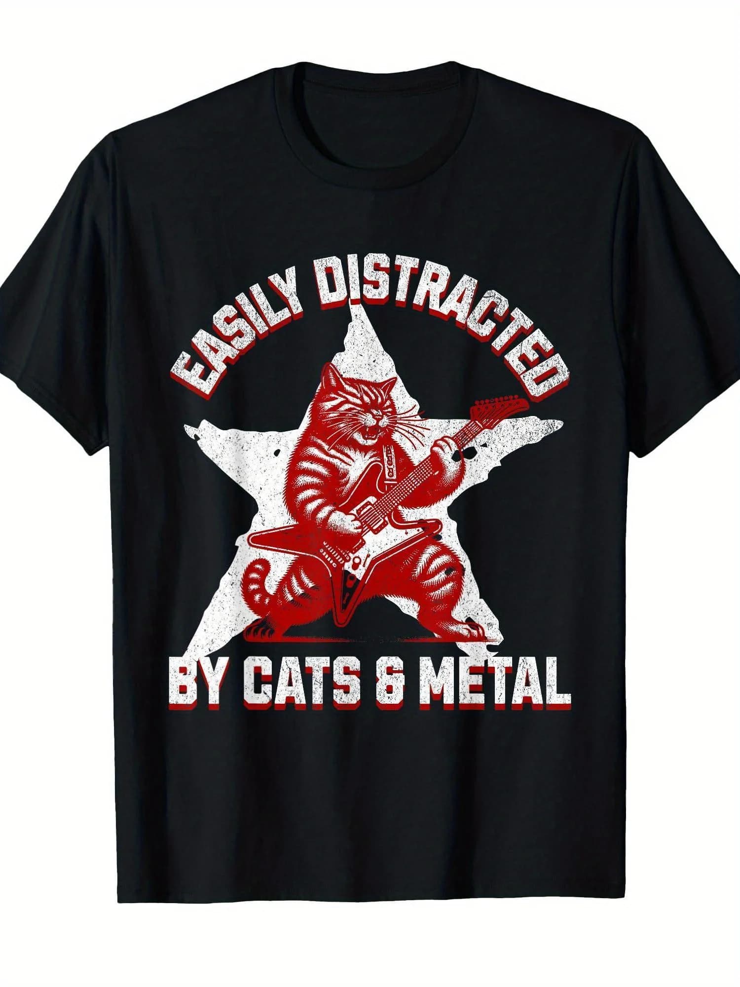 Men's T-shirt with graphic print 'Cat & Easily Distracted by Cats & Metal' in style Heavy Metal Rock Star - Short sleeve t-shirt with rock design.