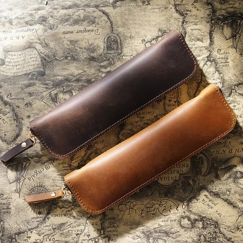 Vintage Leather Pencil Bag Simple Stationery Hoder Pen Case Storage Bag Zipper Pencil Pouch Glasses Box School Supplies