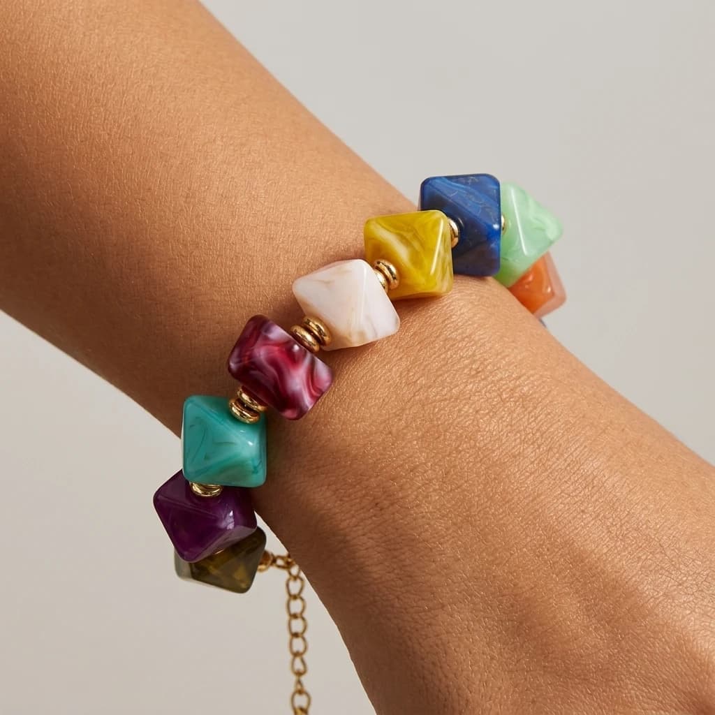 1pc Colorful Resin Beaded Bracelet for Women Chunky Square Bead Copper Lobster Clasp Boho Statement Wrist Jewelry