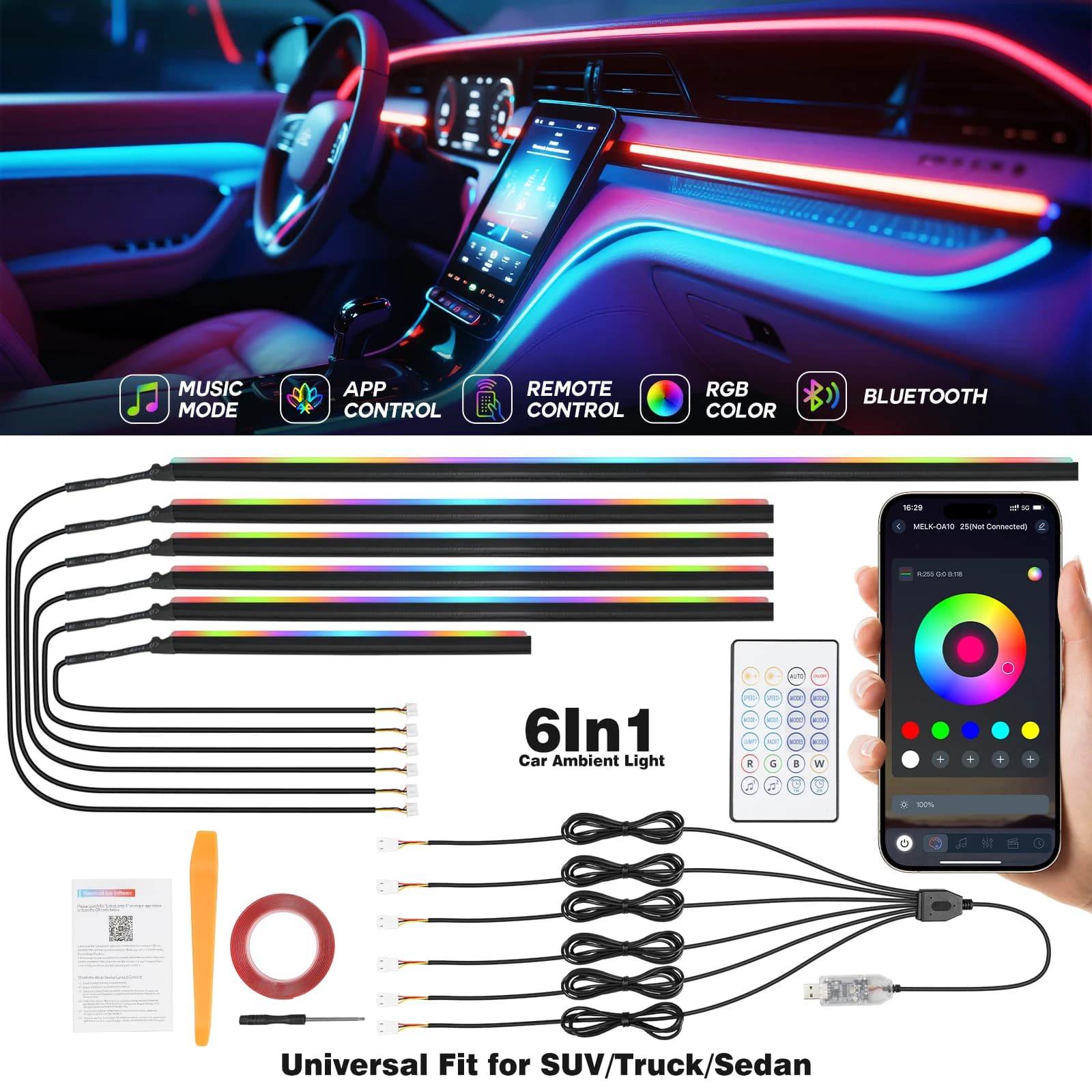 Luce Ambientale per Interni Auto Symphony, Striscia LED RGB a Colori Completi Nascosta in Acrilico, Lampada Atmosfera Auto con Controllo Remoto APP