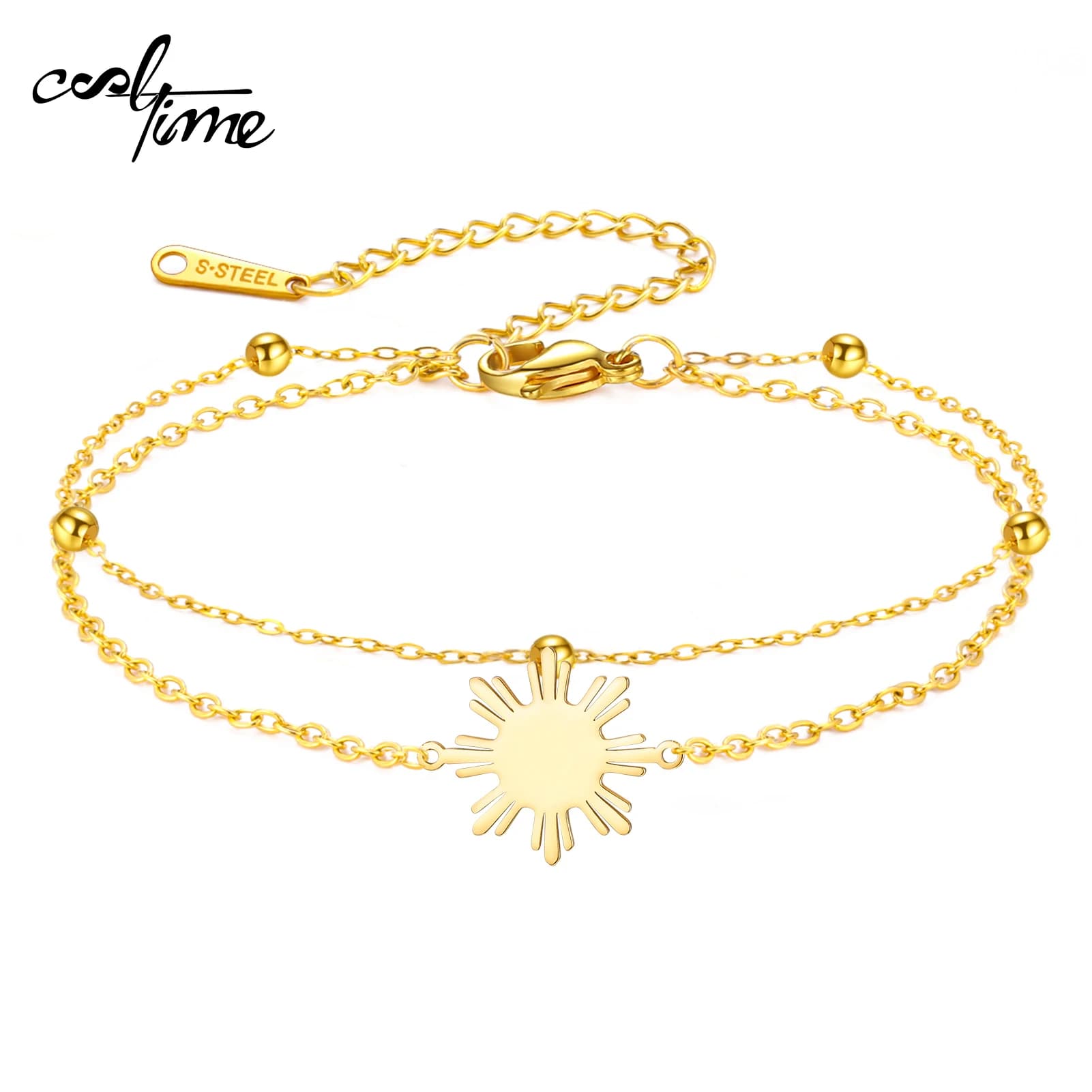Bracciale da donna CoolTime con ciondolo a sole filippino, doppia catena, squisito charm a raggi di sole color oro, gioiello regalo