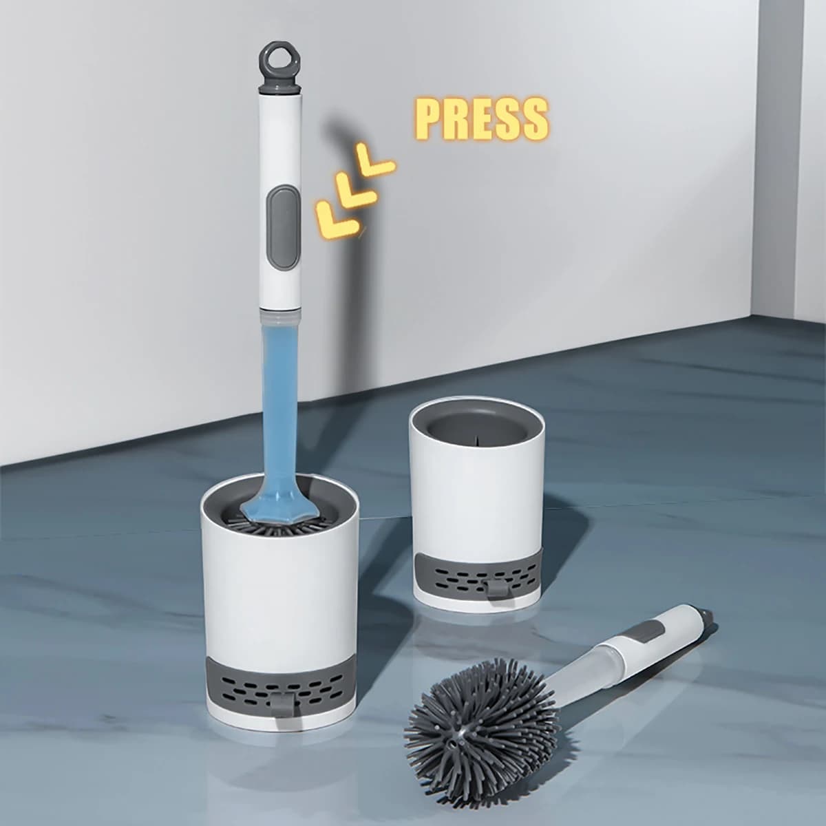 Set porta scopino per WC: Scopino per WC in silicone con dispenser con manico ricaricabile Scrubber per il bagno Pulitore per camper Spazzolone