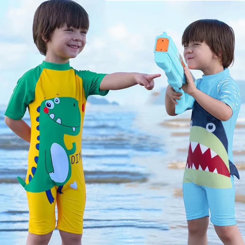 2025 New children's swimsuit, full costume with short sleeve sun protection from breathable boy to cartoons, bathroom headset