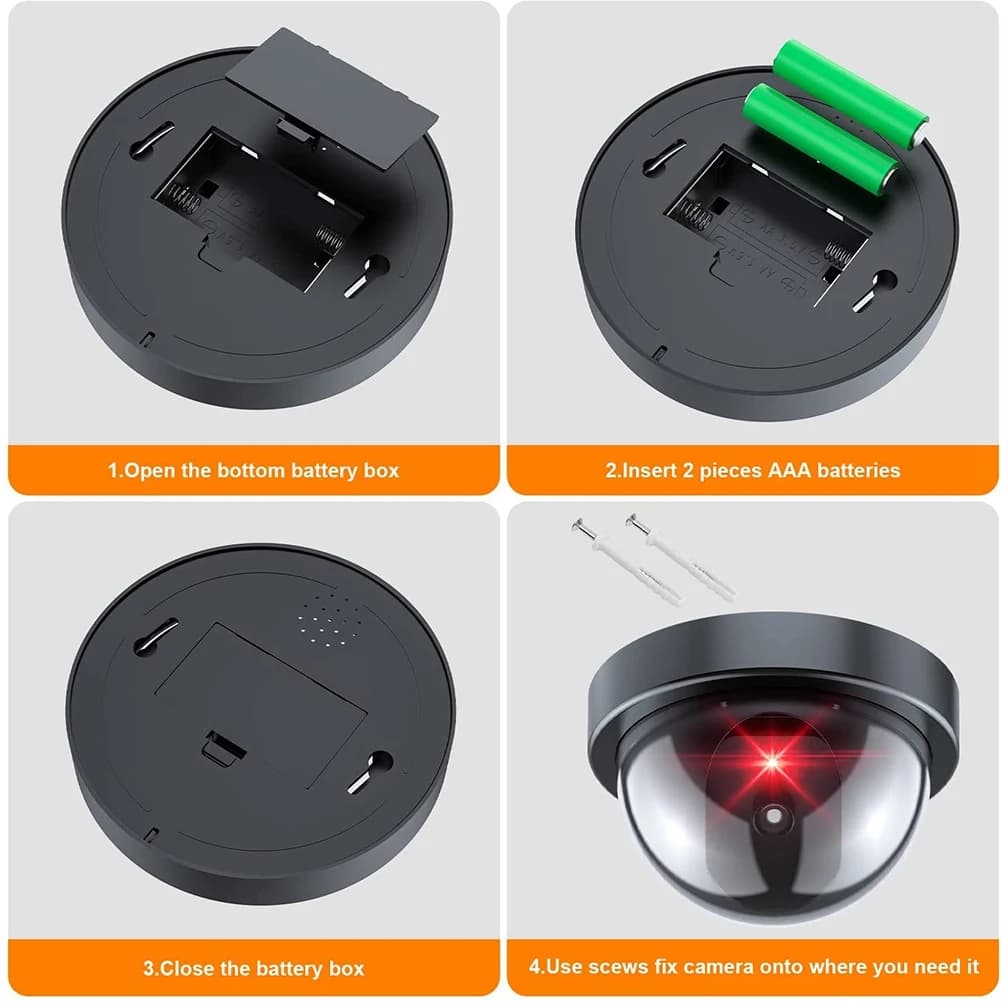 A601T- Telecamera di sicurezza fittizia, telecamera finta con luce LED rossa, sistema di sorveglianza wireless realistico per la casa all'aperto Confezione da 4