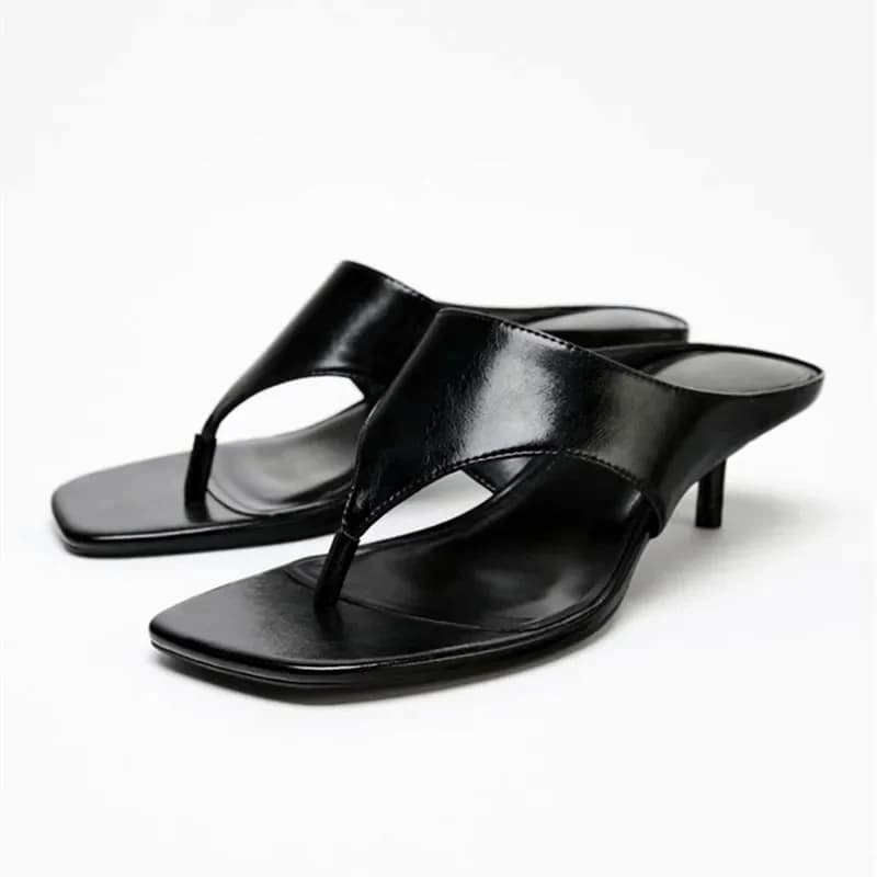 Women's soft black leather sexy sandals with square tip and high heel Elegant sandals with clip tip Summer beach shoes