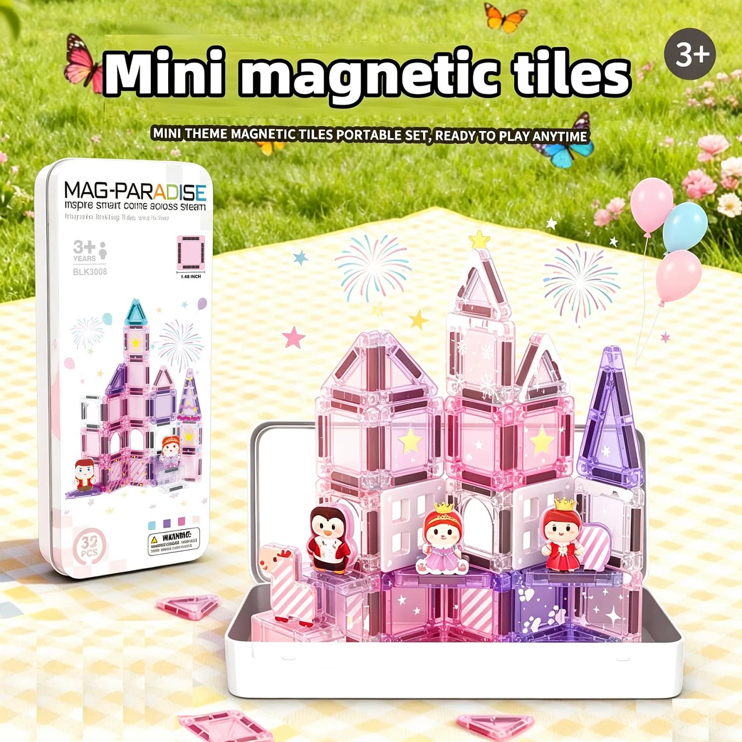 Mini Magnetic Tiles Portable Travel Toddler Set Magnetic Blocks Kids Toys Creativity Boosting Building Toy for Boys Girls Age 3+