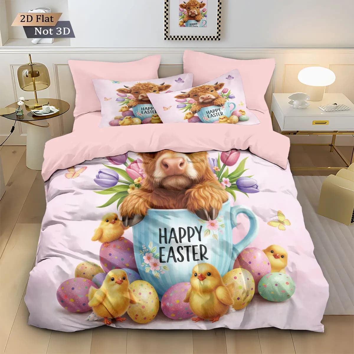 Set duvet cover in goose down with Highland cow print and Easter eggs, 3 pieces, different sizes, bedroom decoration and dormitory, washable in washing machine