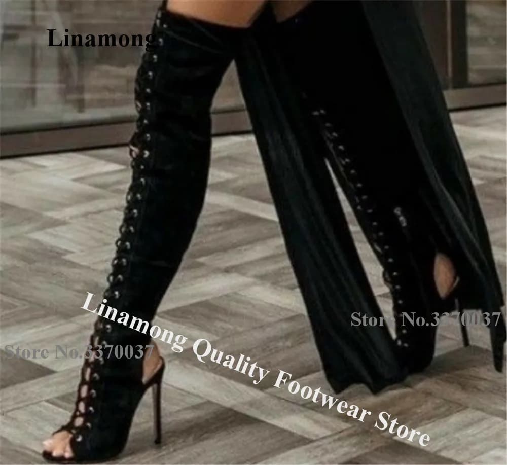 Linamong Stivali gladiatore sopra il ginocchio con tacco a spillo in pelle scamosciata nera Stivali lunghi stringati con tacco sottile stile slim con punta aperta sexy