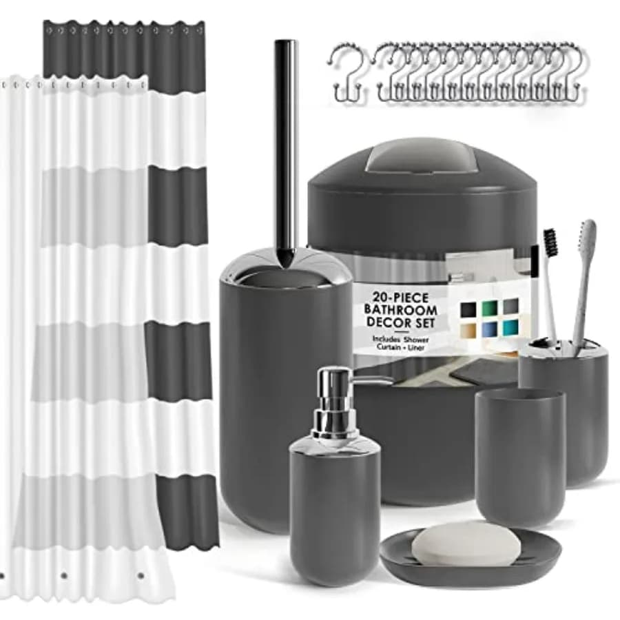 Set da bagno grigio Set di accessori da bagno da 20 pezzi con tenda da doccia e fodera Portaspazzolino Dispenser di sapone Portasapone WC