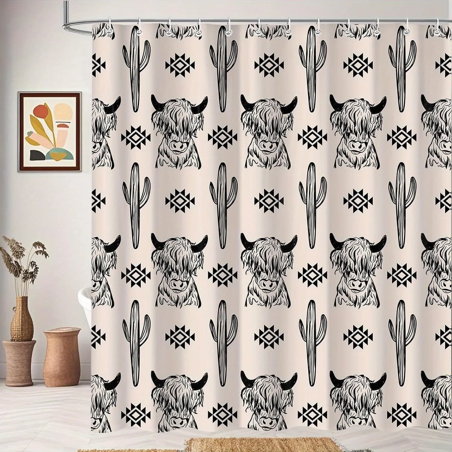 Tenda da doccia Western Boho: design mucca e cactus delle Highland, poliestere resistente con 12 ganci per uso per tutte le stagioni