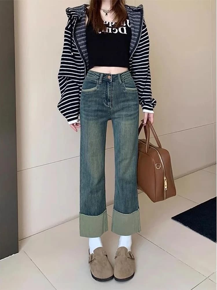 Jeans Vintage a Vita Alta e Gamba Dritta da Donna, Taglie Forti, Estivi, Effetto Snellente, con Risvolto, a Tre Quarti, in Misto Cotone