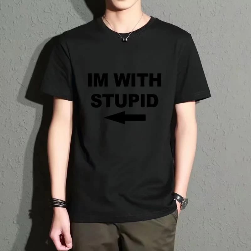 Men's Black Round-Neck Short-Sleeved T-Shirt with Fun Text and Arrow Print, Casual Street Style Versatile Top, Trendy Item for Everyday Outings