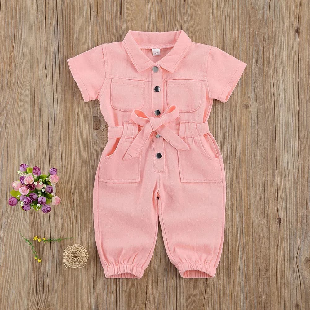 2024 estate neonati maschi ragazze tuta pantaloni tasca manica corta tuta in Denim Casual colletto rovesciato bambini pagliaccetto con cintura