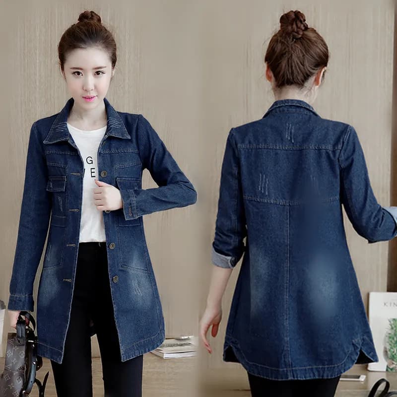 Spring Autumn plus Size Women's Jeans Jacket Loose Slimming Medium Length with Holes Casual Style Long Sleeve Collar