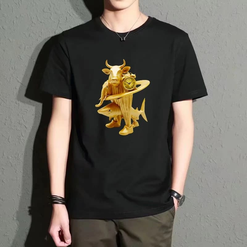 Men's Black Round-Neck Short-Sleeved T-Shirt with Fun Animal Print, Loose Casual Top, Trendy and Versatile for Everyday Wear, Comfortable and Breathable Polyester Fabric