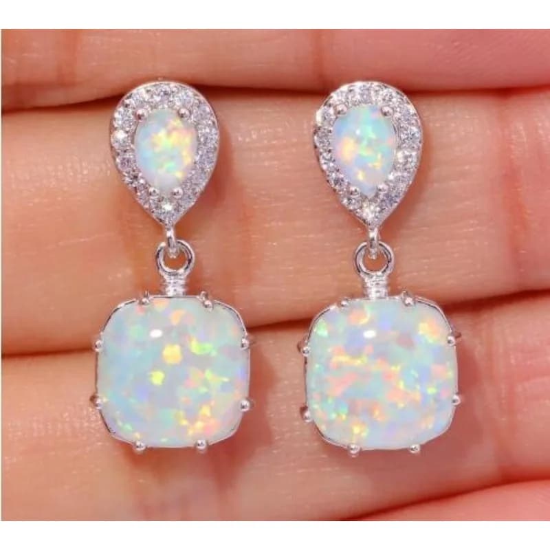 BKBK Silver Double Layer Teardrop Halo Zircon Cushion Blue Opal Drop Women Earrings Korean Fashion High-end Jewelry Bohemian Style for Bridal Ladies Valentine Xmas Thanksgiving Wedding Prom Date Dinner Beach Vacation Luxury Stackable Ear Ornaments