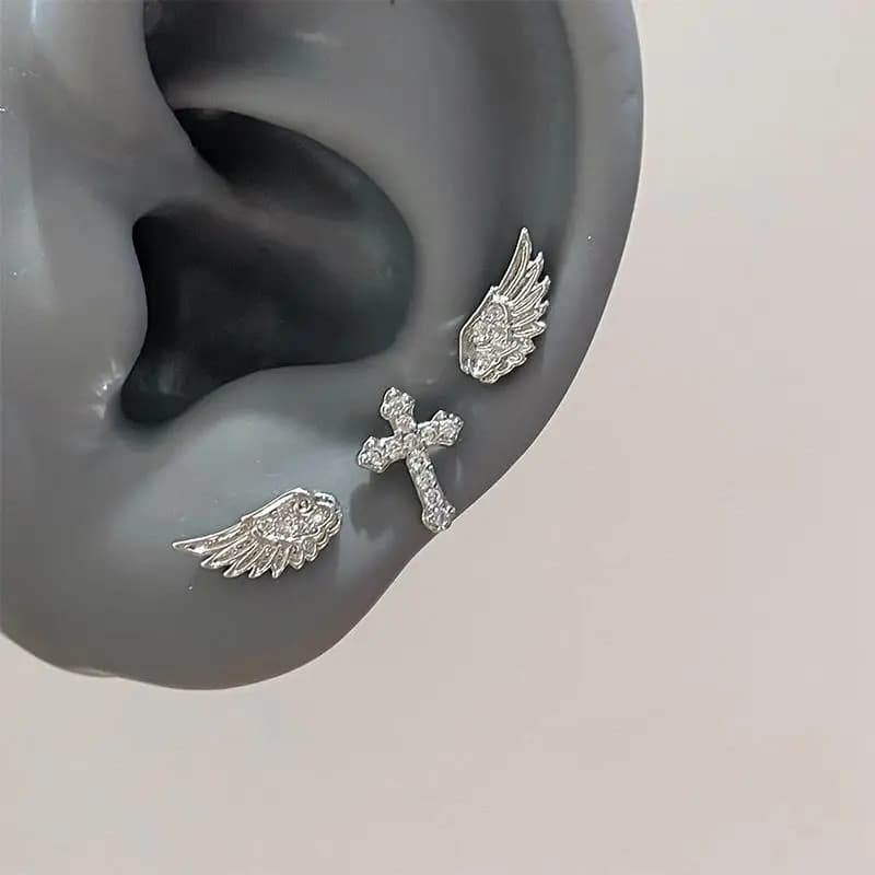 3/4Pcs Set Shiny Angel Wings Ear Studs Women Vintage Couple Creative Luxury Crystal Geometric Personality Cross Earrings Jewelry