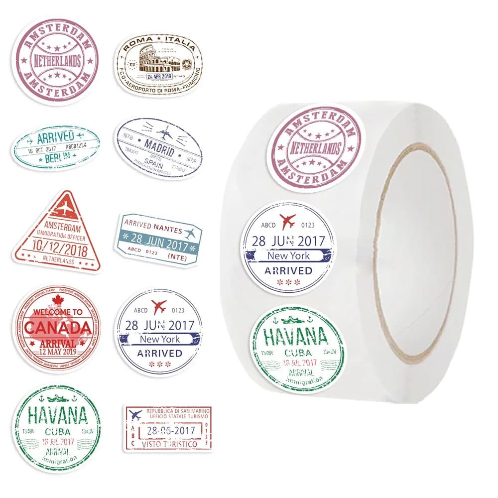 500 Pezzi/Rotolo Adesivi Sigillanti Retrò a Tema Timbri Postali e Passaporto per Scrapbooking Fai da Te, Quaderni, Bagagli, Laptop, Skateboard e Giocattoli
