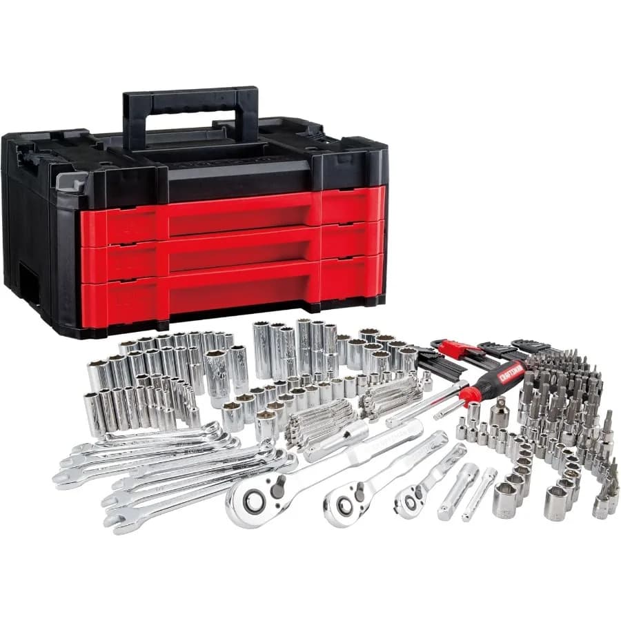 Set di attrezzi meccanici da 262 pezzi con scatola VERSASTACK a 3 cassetti SAE e set di bussole metriche per riparazioni di auto e moto Include Combi
