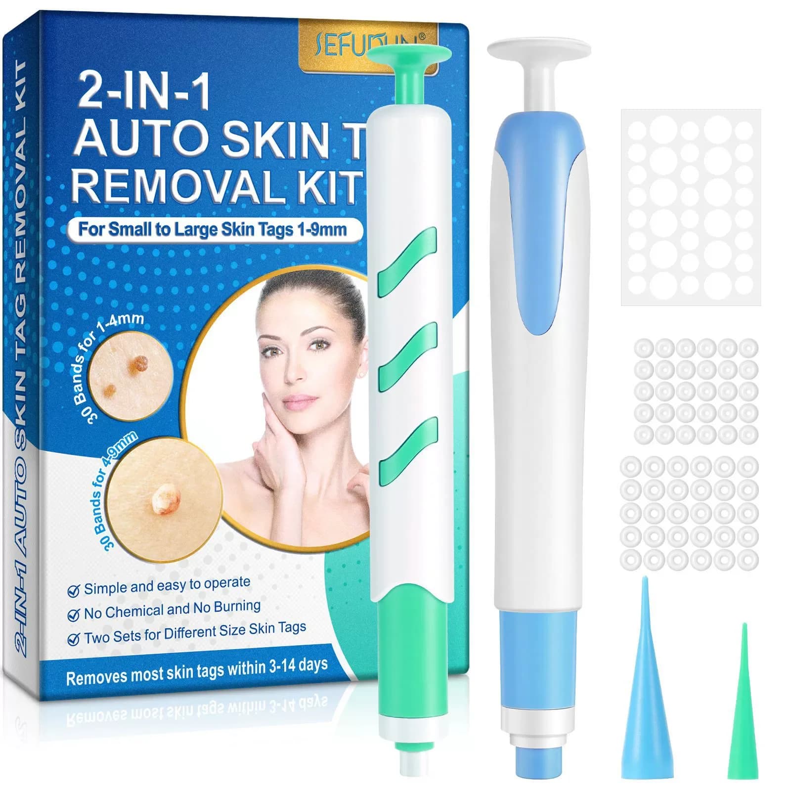Kit 2-IN-1 per la rimozione automatica di verruche cutanee, per verruche di piccole e grandi dimensioni da 1 a 9 mm, con tamponi detergenti e 2 coni per la rimozione di verruche di diverse dimensioni.
