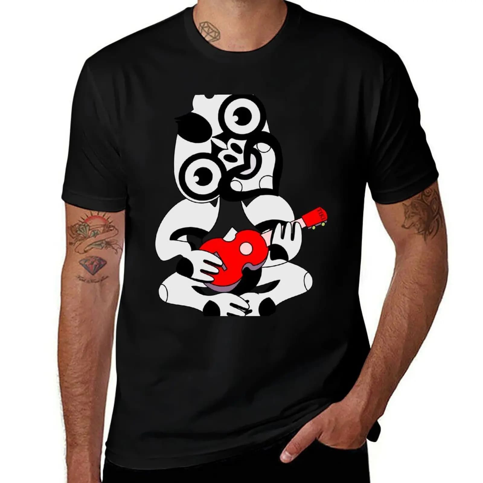 T-shirt Hei Tiki che suona un ukulele rosso, maglietta basic semplice per la primavera e l'estate