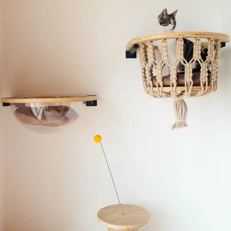 Unmissable offer: woven rope basket in the shape of a space capsule, structure for cats in solid wood, wall, large cat's berth, platform for jumps in hemp rope 76