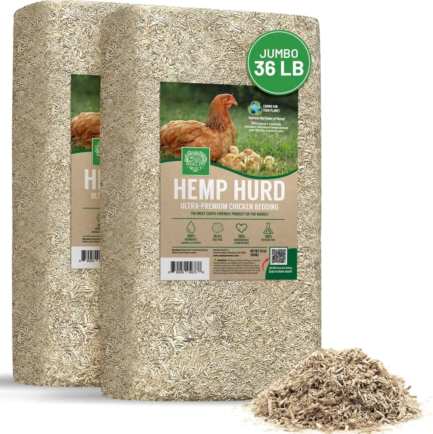 Lettiera per Polli in Fibra di Canapa Jumbo, Biodegradabile, Ecologica, Controllo Odori, 36 lb (Due Sacchi da 18 lb)