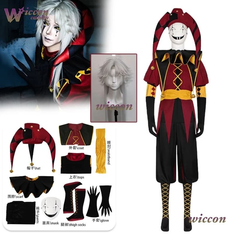 Costume da Clown Pierrot del Circo dei Folli, Set Completo per Cosplay, Abbigliamento per Adulti, Uomini e Donne, per Halloween e Giochi di Ruolo