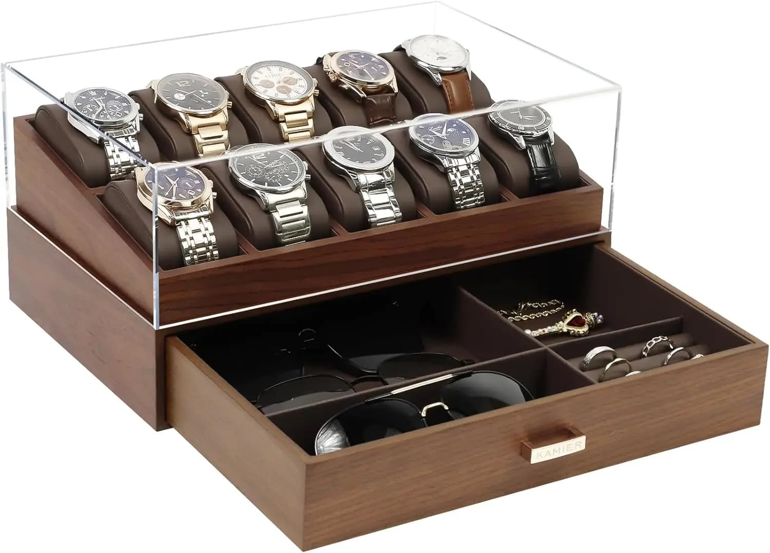 Scatola Porta Orologi da Uomo con 10 Scomparti, Coperchio in Vetro, Espositore a 2 Livelli con Cassetto, in Noce